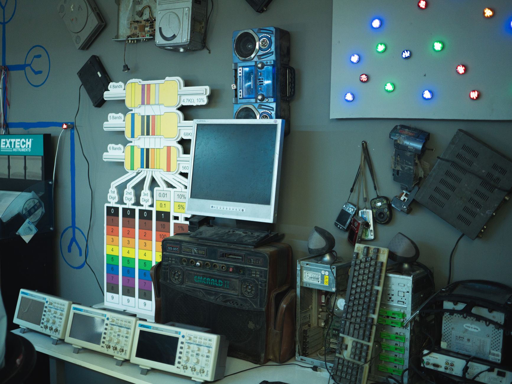 A cluttered wall of vintage electronics and gadgets, showcasing retro technology in a creative setup.